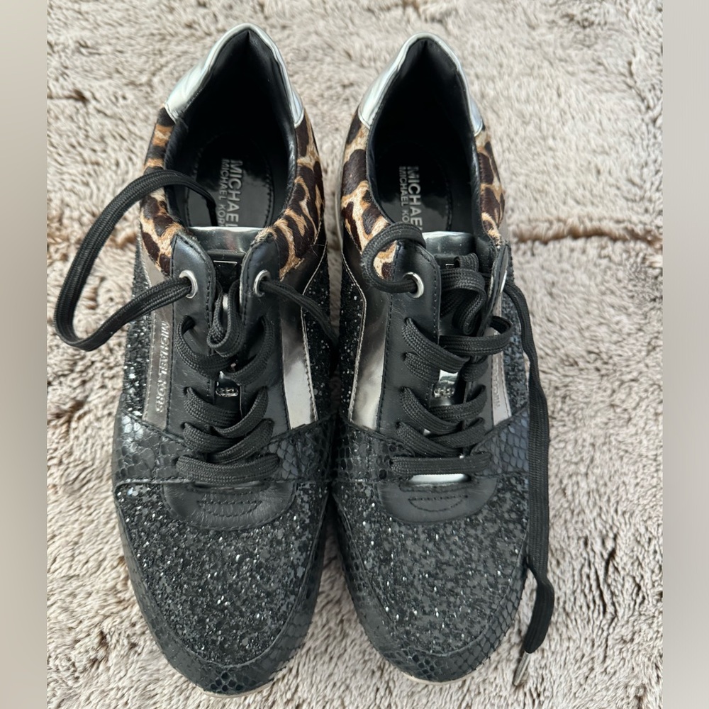 SZ 8.5 michael kors black and silver sparkle sneakers with cheetah print